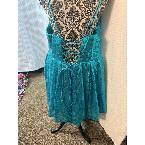 Homecoming Prom Cocktail Dress 14 Turquoise Sequins Spaghetti strap lace up back - Picture 9 of 9